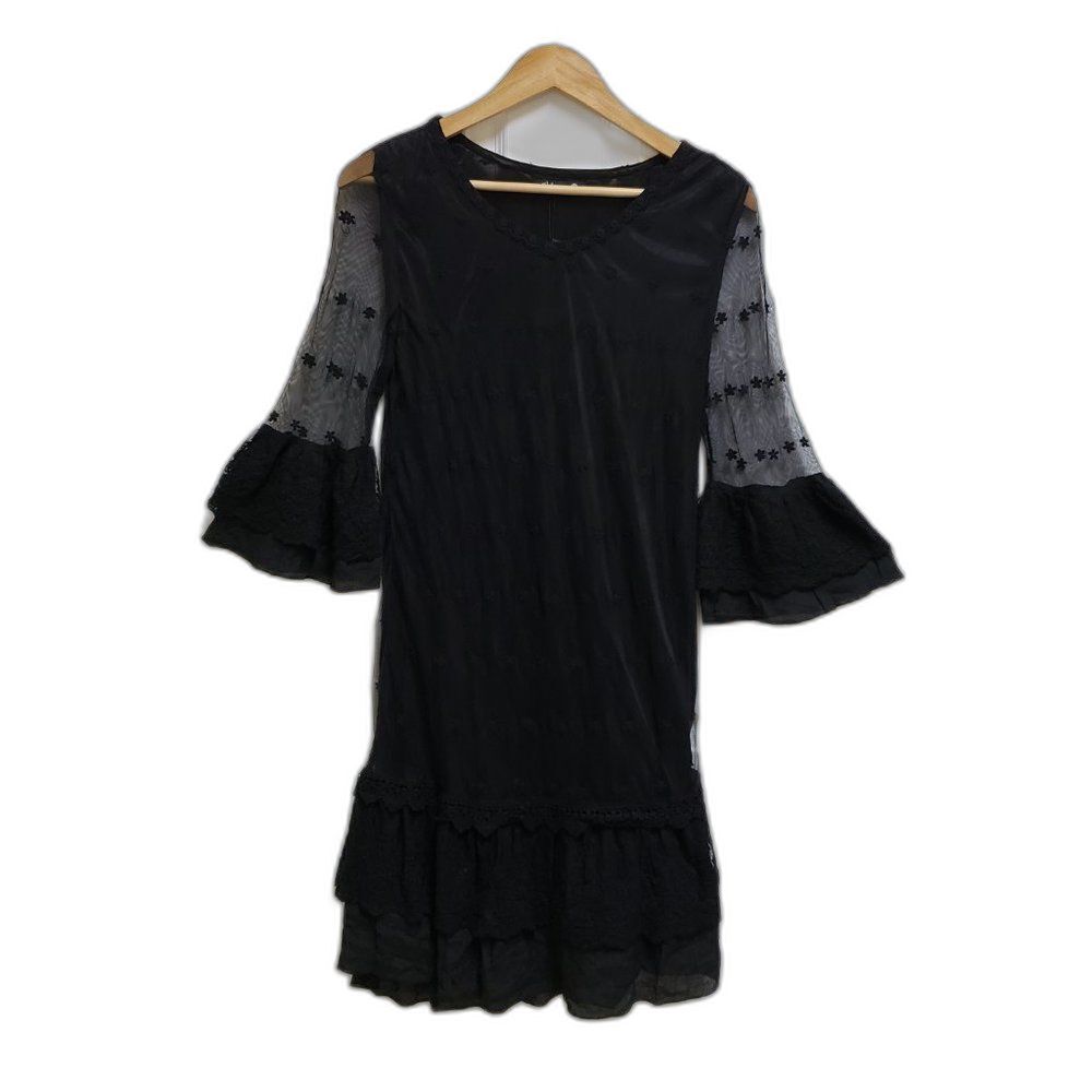 Adorn M Black Embroidered Floral Sheer Overlay Ruffled 3/4 Slv Dress Whimsigoth
